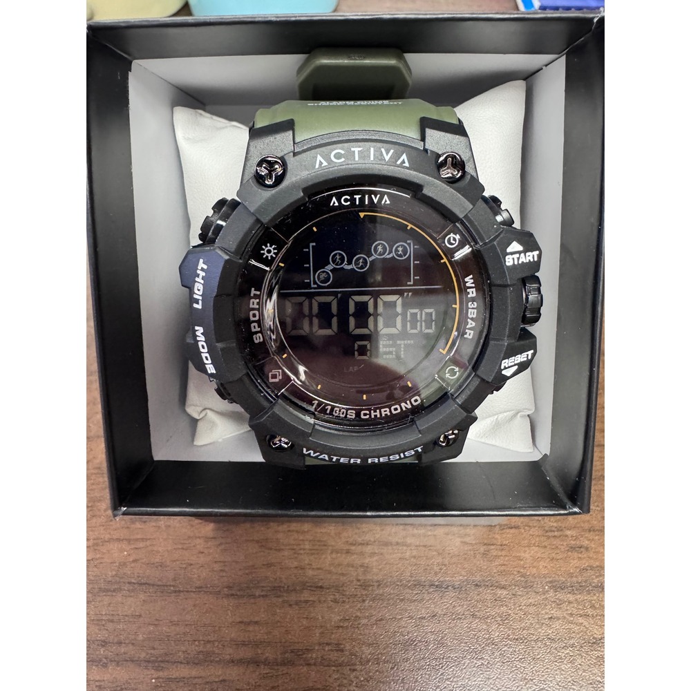 Activa Sport Digital Watch Black Olive Green Chronograph WR 3BAR New in Box